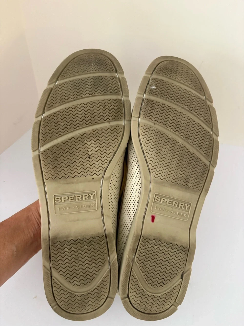 Sperry Two-Tone Boat shoes. Perforated cream and tan leather. 2 Eye. Size 8.5M